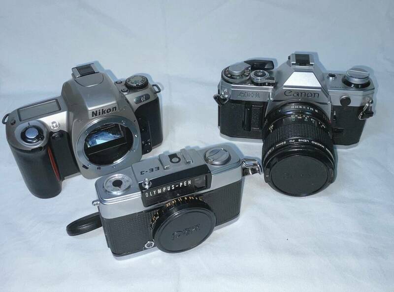 【動作未確認】【ジャンク品として】OLYMPUS-PEN EE-3 Nikon-μ　Canon AE-1　3台おまとめ