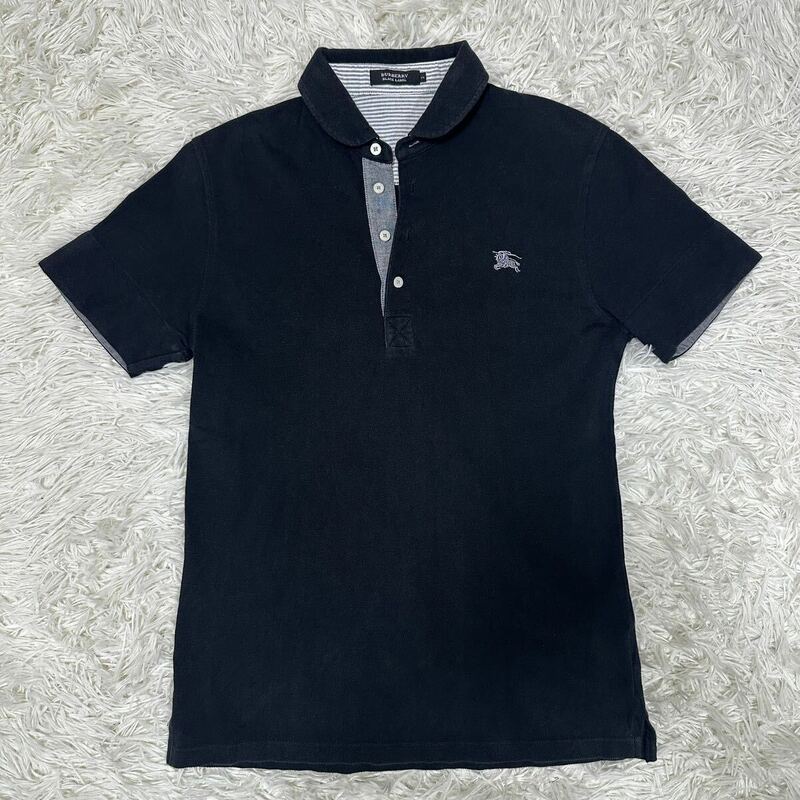 BURBERRY BLACK LABEL バーバリーブラックレーベル ポロシャツ 半袖 ホースロゴ デカロゴ刺繍 黒 サイズ2