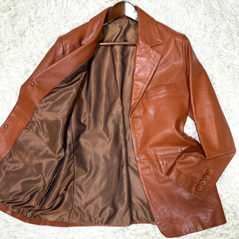 極美品/LLサイズ dual デュアル テーラードジャケット レザージャケット オレンジ ブラウン ゴートレザー 山羊革