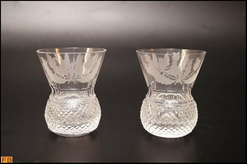 1525-廃盤品◆エジンバラクリスタル ショットグラス 2客 カットグラス アザミ装飾 Edinburgh Crystal