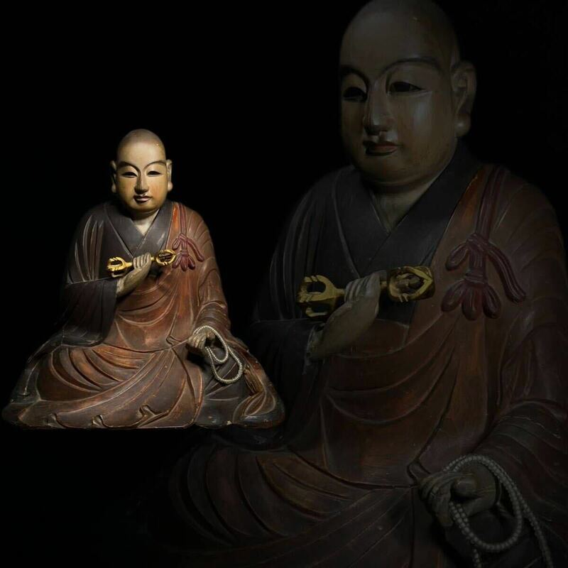 弘法大師坐像　時代仏教美術　玉眼　木彫彩色仏像　木製　空海上人　置物　高さ36cm