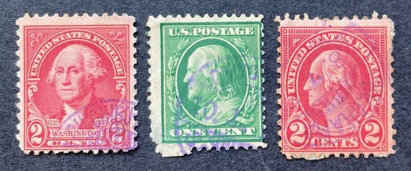 【アメリカ】1900-30年代 米国切手に日本船内日付印・欧文日付印押単片（3枚）