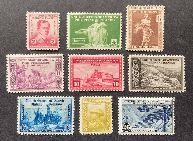 【アメリカ領 フィリピン】1935年発行 普通切手 低中額面9種（2cから26cまで揃）未使用 OH/美品