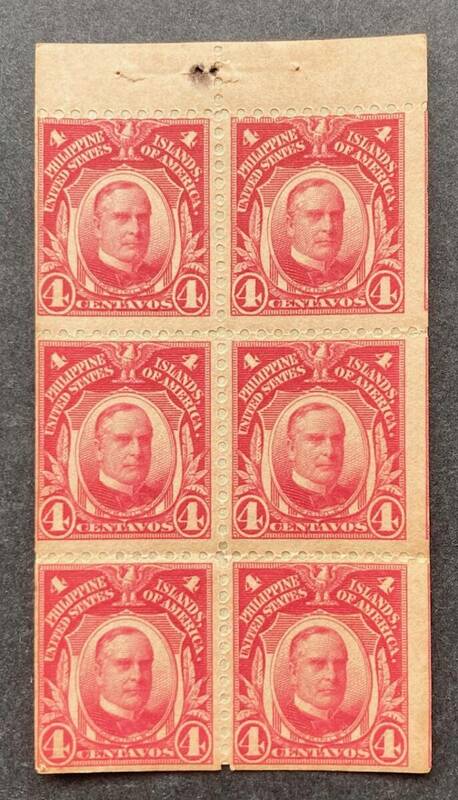 【アメリカ領フィリピン】1917年発行 4c普通切手 6枚切手帳ペーン未使用 Sc #291b （裏紙あり）良品