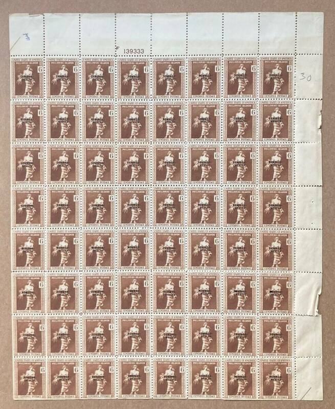 【アメリカ領フィリピン】1939年発行 COMMONWEALTH 小字加刷 6c切手 64面（8x8）シート　＊小難品