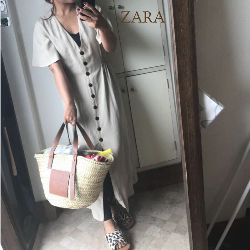 ZARA ワンピース ロング 前開き ナチュラル ゆったり ベージュ M レディース A5433