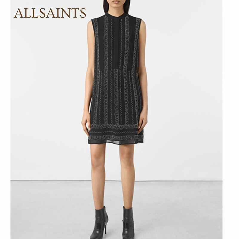 価格37,400円 美品 ALLSAINTS HEZZY DRESS オールセインツ へジードレス ワンピース ビーズ刺繍 ブラック 黒 UK4 レディース A5441