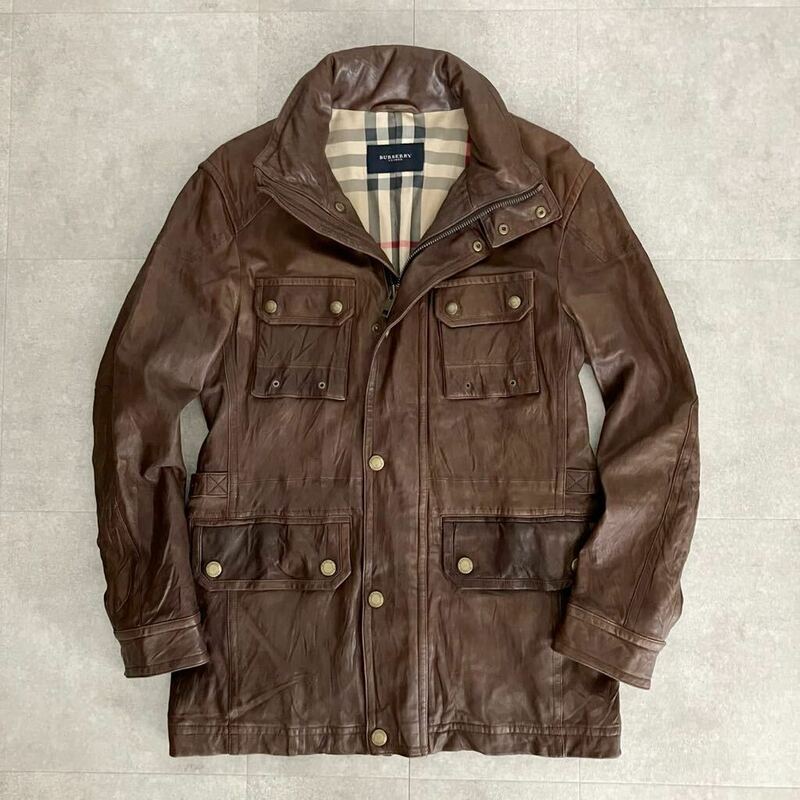 ●【極上の質感】BURBERRY LONDON バーバリー ラム ウォッシュレザー ジャケット M-65/サイズL/裏ノバチェック柄/メンズ/羊革