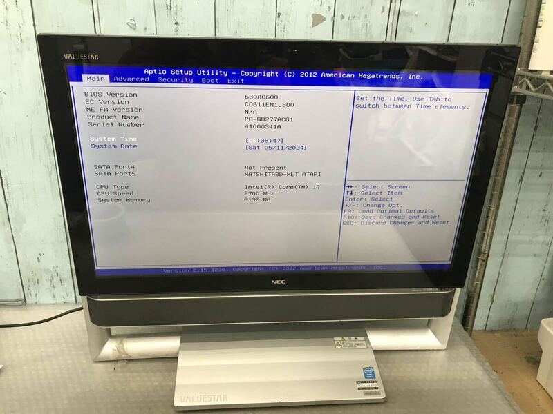 NEC PC-GD277ACG1，一体型PC Bios起動OK，i7-2700MHz CPU/8GB/ BDドライブ/HDDなし　本体のみ ジャンク（160s）