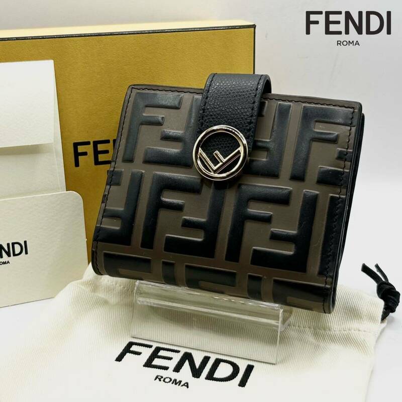 美品 FENDI フェンディ 二つ折り財布 ウォレット F IS エフ イズ ズッカ柄 ラウンドジップ 黒 ブラック