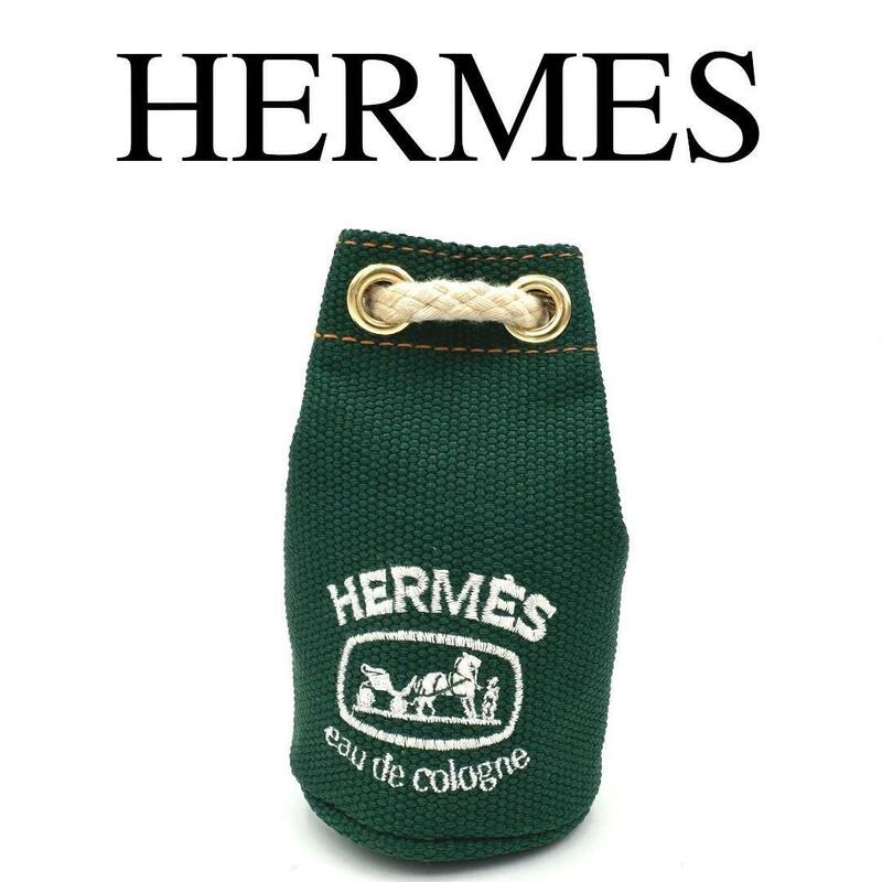 HERMES エルメス 巾着 ミニポーチ ワンポイントロゴ キャンバス グリーン