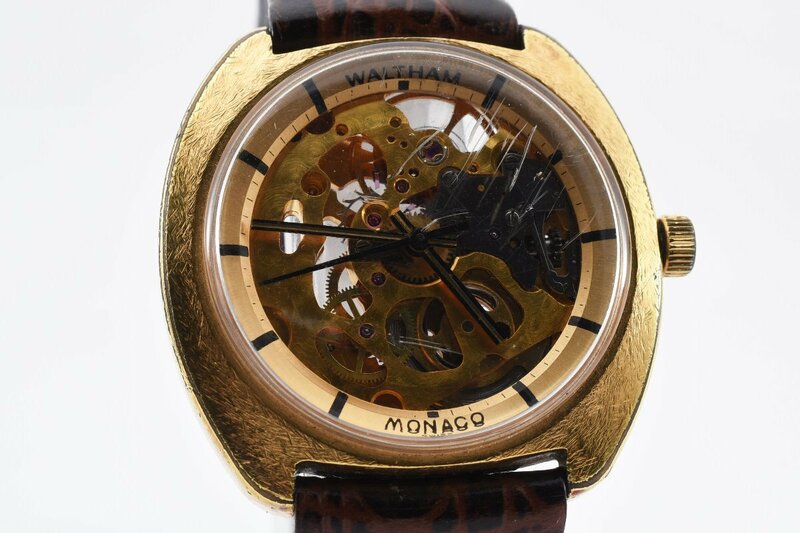 稼働品 ウォルサム モナコ ラウンド スケルトン ゴールド 自動巻き メンズ 腕時計 WALTHAM