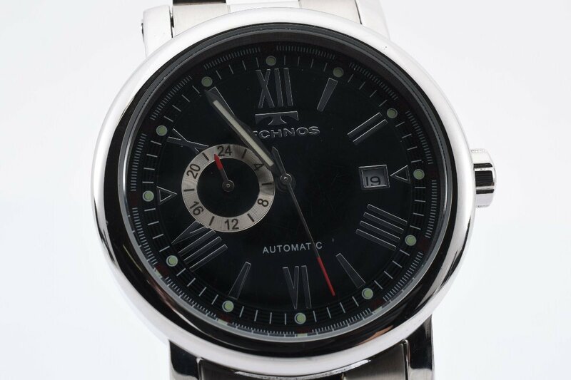 美品 稼働品 テクノス オートマティック T-1078 デイト クロノグラフ ラウンド シルバー 自動巻き メンズ 腕時計 TECHNOS