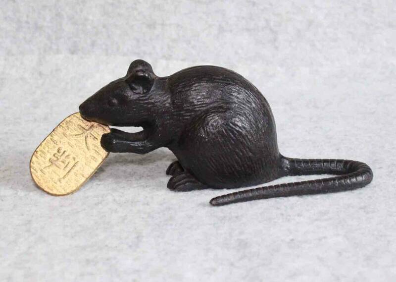 金属工芸◆鼠　大判　置物 17cm◆鉄製　小判　縁起物　干支　ネズミ　 iron mouse　