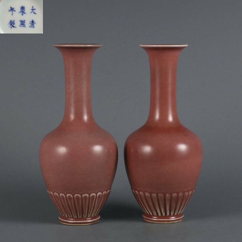 ■観心・時代旧蔵■C7681清康熙年製 豆紅釉菊瓣瓶一対・時代物・古陶磁・古賞物・旧家買出品
