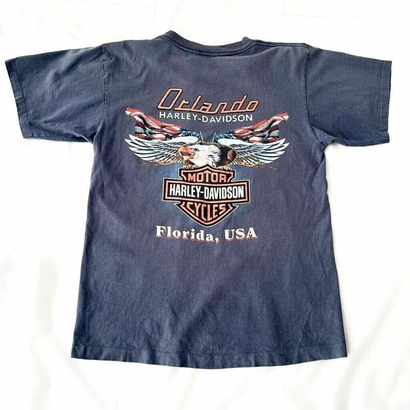 90s HARLEY DAVIDSON ポケット Tシャツ USA製 イーグル ウィング エンブレム バックプリント ビンテージ （ 90年代 ハーレーT フェード 80s