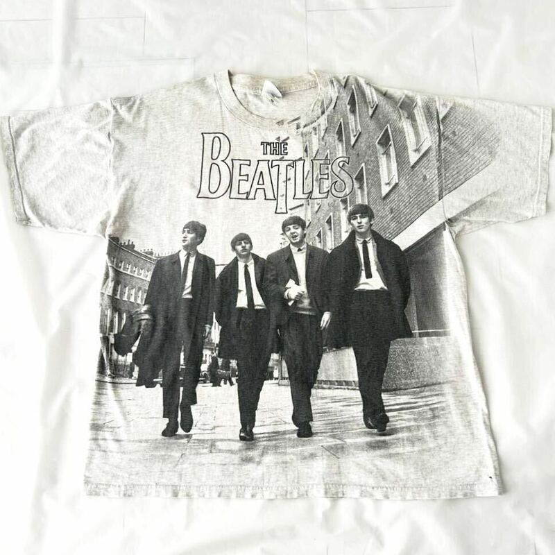 XL ビッグサイズ 90s THE BEATLES 両面 フォト 総柄 手刷り Tシャツ ビンテージ （ 90年代 ロック バンド ビートルズ vintage ROCK 80s 70s