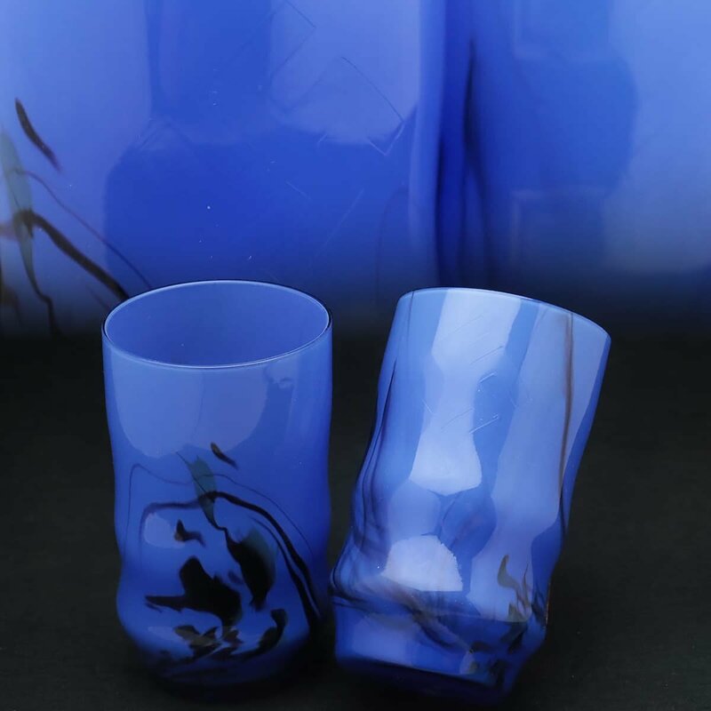 JJ894 時代物 藍色 卍字 マーブル文様 ガラスコップ 二客 高10.2cm 総重220g・硝子コップ・玻璃杯子