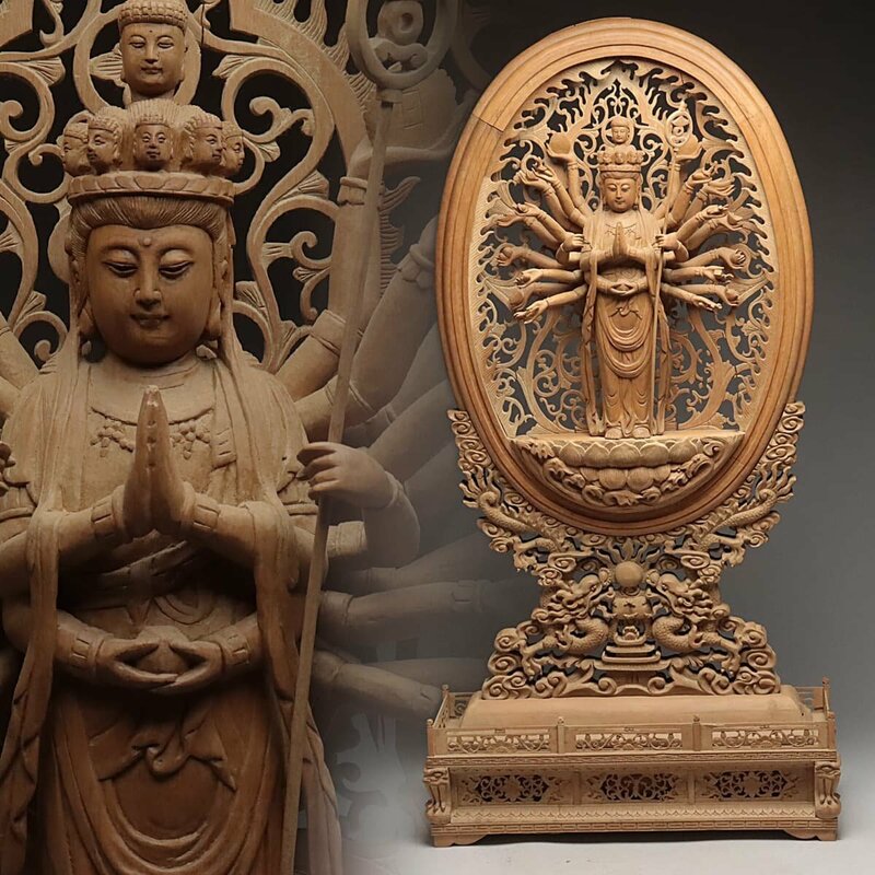 UT800 仏教美術 細密彫刻 大型 木彫「千手観音菩薩像」高88.5cm 重7.2kg・木雕千手千眼觀世音菩薩像・仏像 佛像