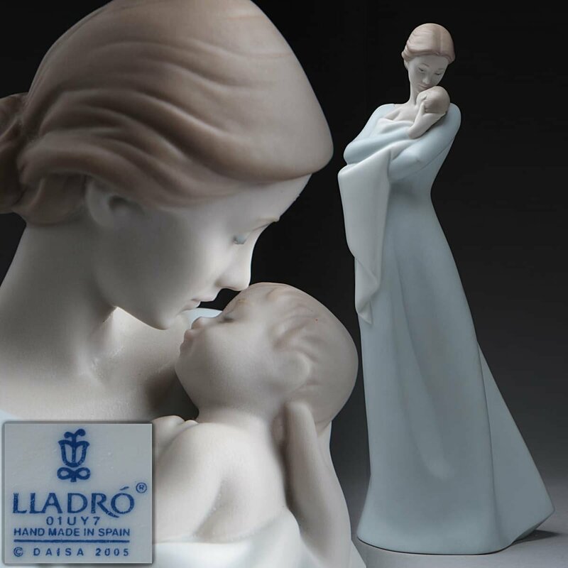 ES940 【LLADRO】リヤドロ マット仕上「母の抱擁」置物 高31.1cm 重768g・「母と子」フィギュリン 陶器人形