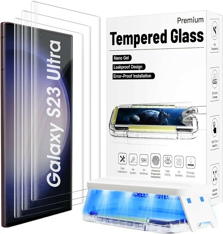 【未使用品】革新設計・UVフィルム HJCE Galaxy S23 Ultra ガラスフィルム 3D曲面 指紋認証対応 9H硬度 保護フィルム 指紋ロック解除対応 