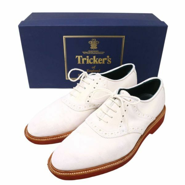 Tricker's トリッカーズ M7065 プレーントゥ★ スエード レザー サドル オックスフォード シューズ 革靴 Sz.8　メンズ 白　I4G00178_5#U
