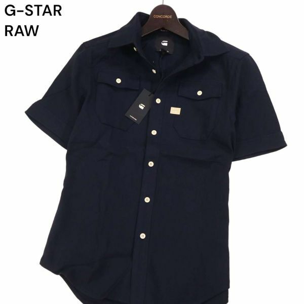 【新品 未使用】 G-STAR RAW ジースター ロウ 【LANDOH SHIRT S/S】 半袖 スリム ワーク シャツ Sz.XXS　メンズ ネイビー　I4T01744_5#A