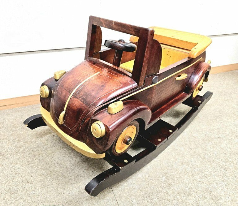 【アンティーク】ロッキングカー 木製 ワーゲン風 木馬 子供用 乗り物 玩具 クラシックカー インテリア 希少 車のおもちゃ ビンテージ