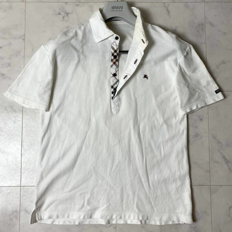 バーバリーブラックレーベル BURBERRY BLACK LABEL 前立てチェック柄 ホース刺繍 半袖 ポロシャツ サイズ3 L ホワイト 白 メンズ