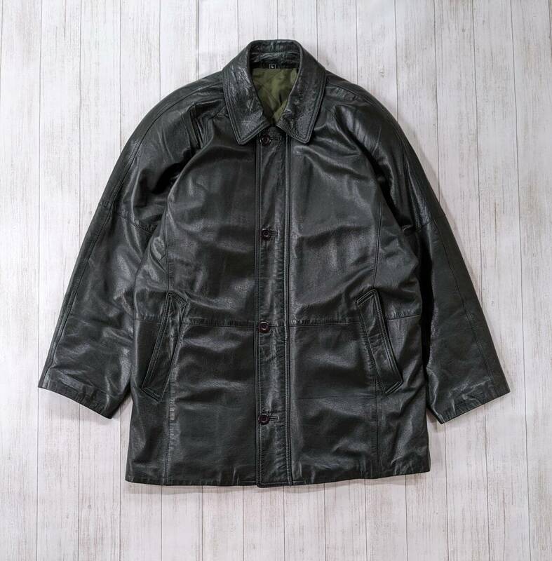 USED/ヴィンテージ/Leather Car coat/本革カーコート/イタリアラムレザー裏地滑らかキルティング/SIZE L/モスグリーン/ビッグシルエット