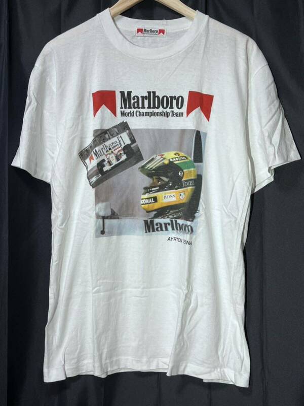 レア 80s 90s Marlboro AYRTON SENNAヴィンテージ フォトプリント Tシャツ 白 日本製 マールボロ アイルトンセナ マクラーレンホンダ F1