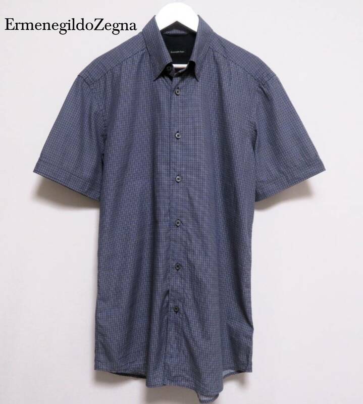 美品 ErmenegildoZegna エルメネジルドゼニア 小紋柄シャツ 半袖トップス コットンシャツ メンズウエア 紳士 Sサイズ オンオフ兼用 春夏物