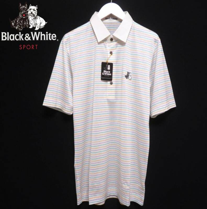 新品未使用 Black&White ブラック&ホワイト ボーダーポロシャツ 高級マーセライズドコットン 吸汗速乾 清涼 薄手 半袖 メンズ ゴルフウエア