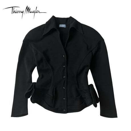 NC924ね＠ Thierry Mugler 美品 シルクウール シャツジャケット 長袖 レディース Mサイズ ブラック 黒　 1.8