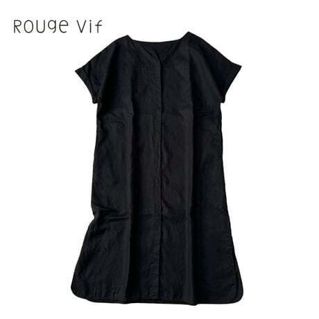NC592ね＠ Rouge vif Aランク 美品 シャツワンピース ロング丈 半袖 レディース サイズ38/M ブラック　 0.4