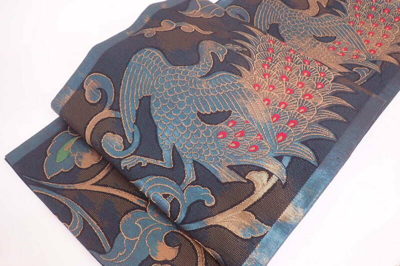 正絹 袋帯 孔雀花唐草 金糸 30.5cm×440cm 秀品 和装 和服 着物 帯 Z05146