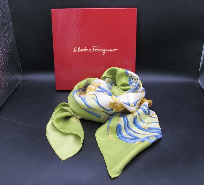 Salvatore Ferragamo フェラガモ シルク スカーフ バード 花柄 フラワーモチーフ 黄×グリーン