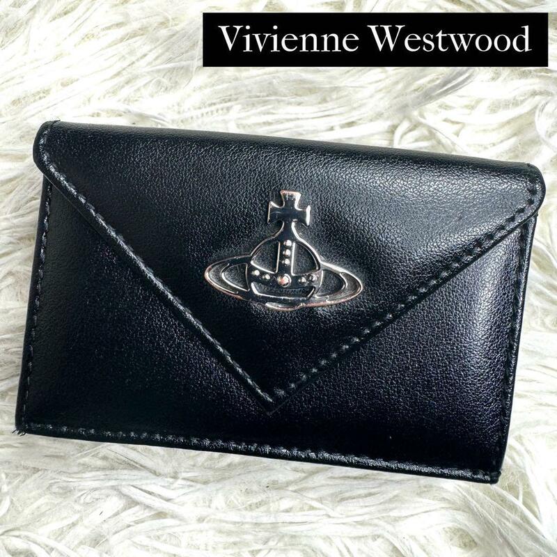 美品 / Vivienne Westwood ヴィヴィアンウエストウッド アニーオーブコンパクトレターウォレット 三つ折り財布 レザー ブラック オーブ