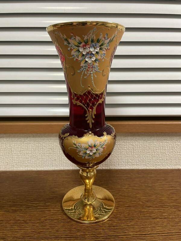 【H0518】ムラノベネチアンガラス 花瓶 花器 置物 インテリア アンティーク フラワーベース コレクション 花入 ゴールドカラー 
