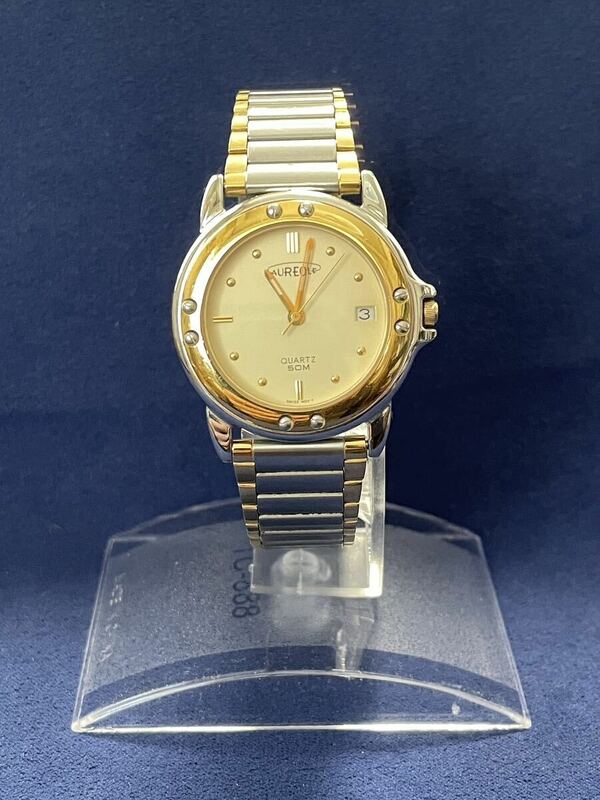 中古メンズ腕時計 オレオール AUREOLE SW-E267 デイト ベージュ クリーム 文字盤 シルバー ゴールド クォーツ (4.24)
