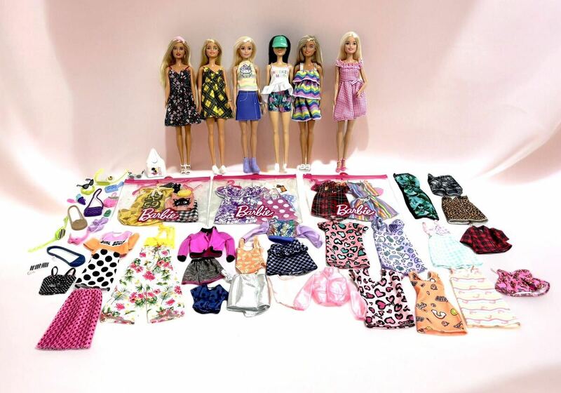 【大量】Barbie MATTEL マテル バービー人形 セット 6体 着せ替え洋服 小物 40点超 シリアル入り 着せ替え人形 