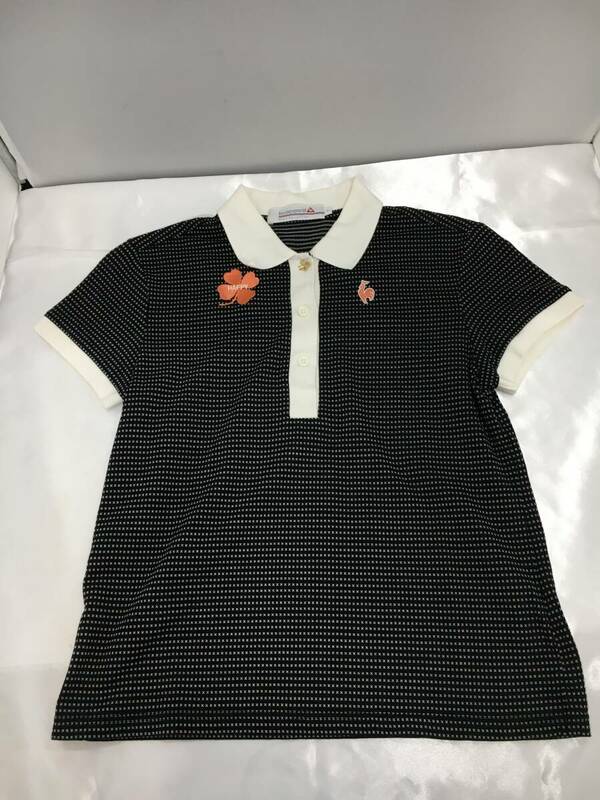 le coq sporti ルコック 半袖ポロシャツ 黒×白×ピンク 刺繍 チェック レディース M ゴルフウェア