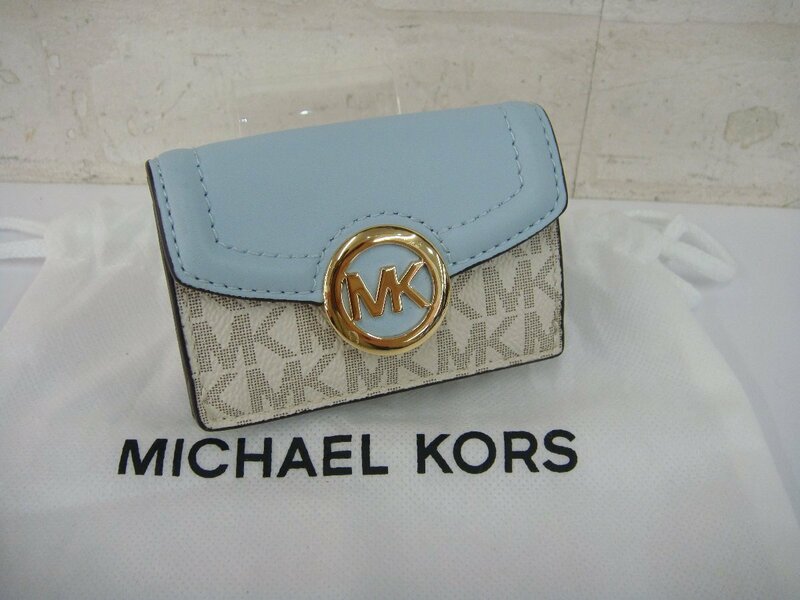 5106T【本物保証】 MICHAEL KORS マイケルコース 三つ折り財布 コンパクトウォレット MKロゴ×ライトブルー