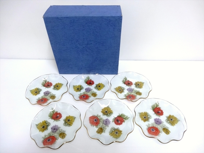 昭和レトロ　和光 WAKO　かわいい花柄 ポピー ガラス皿 デザートプレート 6枚セット