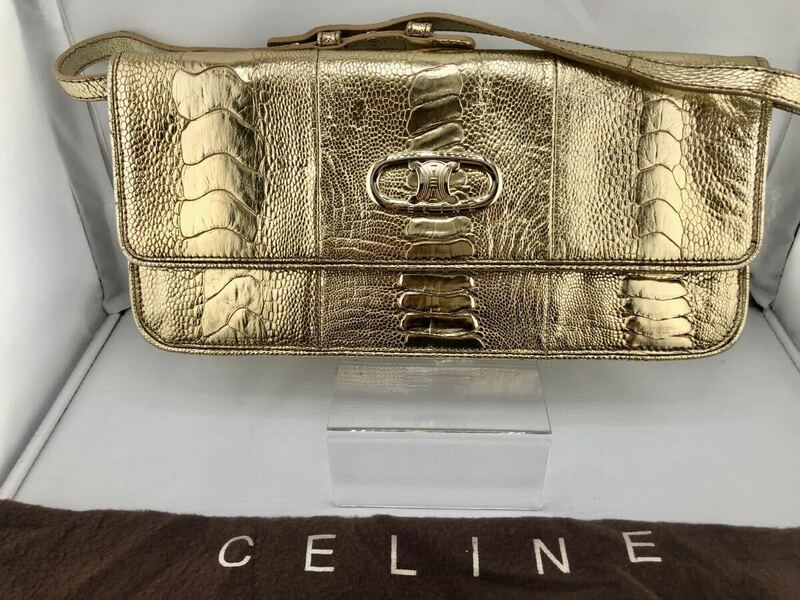 H72/CELINE セリーヌ　ロゴ ゴールドハンドバッグ 袋付き