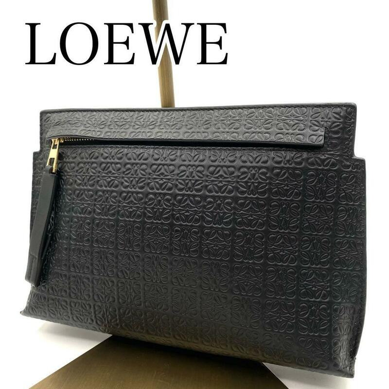 新品・未使用　LOEWE ロエベ　エンボス　シルクカーフ　リピート　Tポーチ　アナグラム　ブラック　レザー