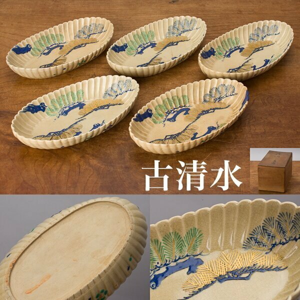 【千f880】古清水 松の図 楕円皿 ５客 合箱 向付 皿 鉢 京焼 清水焼 長皿