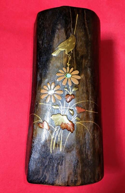 ■40年前以上 時代物年代物 『 花鳥 』 花挿し 花瓶 木製