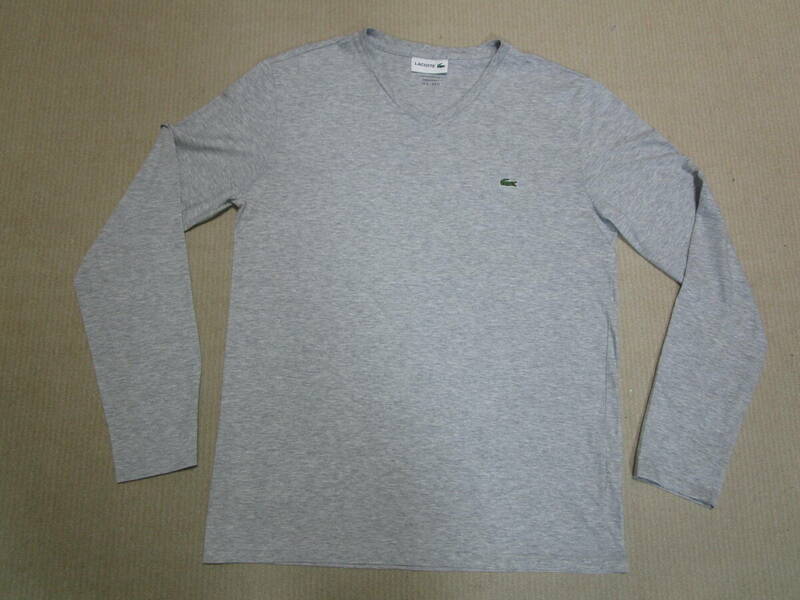 超特価!美品即決!LACOSTE ラコステ TH6711 メンズ 長袖 薄手 コットン Vネック Tシャツ カットソー 杢グレー系 無地 size 3 