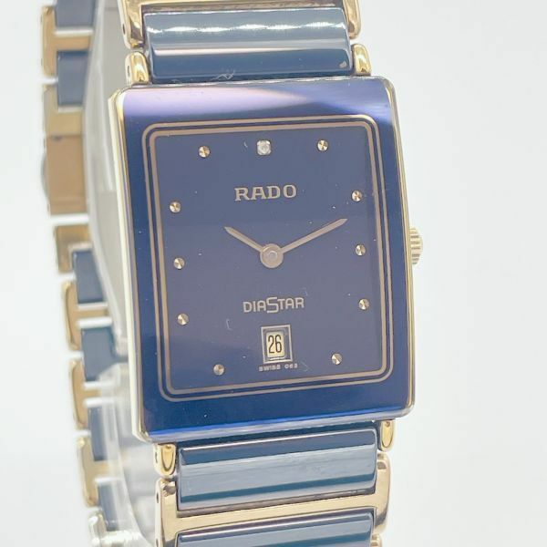 【1円スタート】稼働品 RADO ラドー DIASTAR ダイヤスター 160.0281.3N ネイビー スクエア 1Pダイヤ デイト クオーツ メンズ腕時計